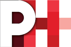 A white letter P in front of an H that is pixelated with various red boxes